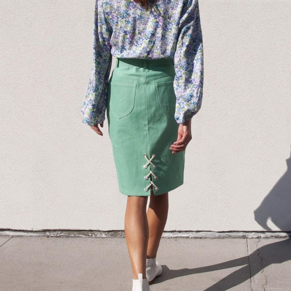 💚 WALK OF SHAME High Waisted Denim Pencil Skirt in Mint Green from Need Supply - Picture 3 of 10